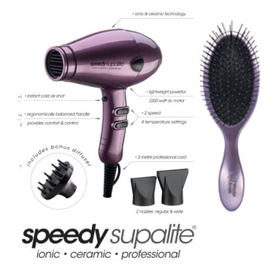 Speedy Supalite Ionic Ceramic Professional Hairdryer Purple 2200 watt + Wonder Wet & Dry Brush